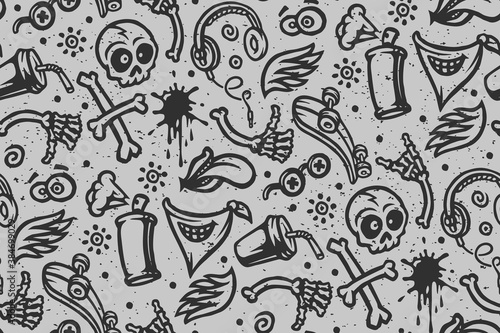 Seamless grunge pattern with street art doodle illustration