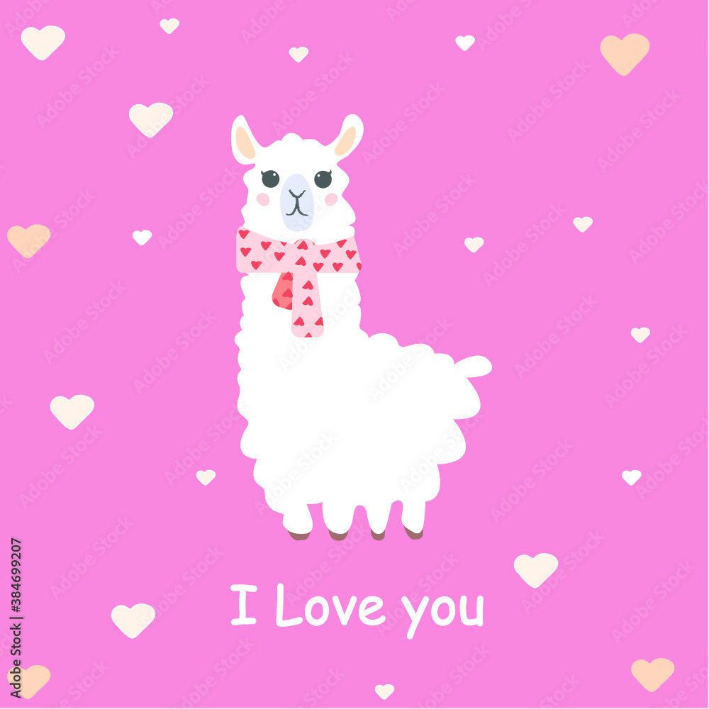 Fototapeta premium Cute llama in a scarf. Llama drawing. Winter illustration. Llama from the cartoon. Lama on a pink background. baby shower card with child