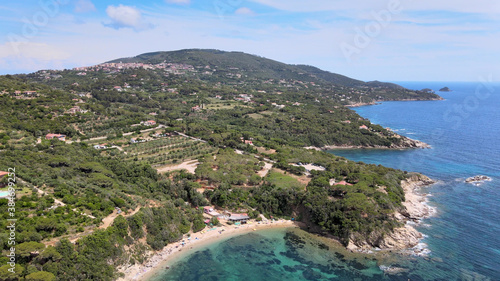 Aerial view of Elba Island. Southern Coastline in summer season. Drone viewpoint. Slow motion.