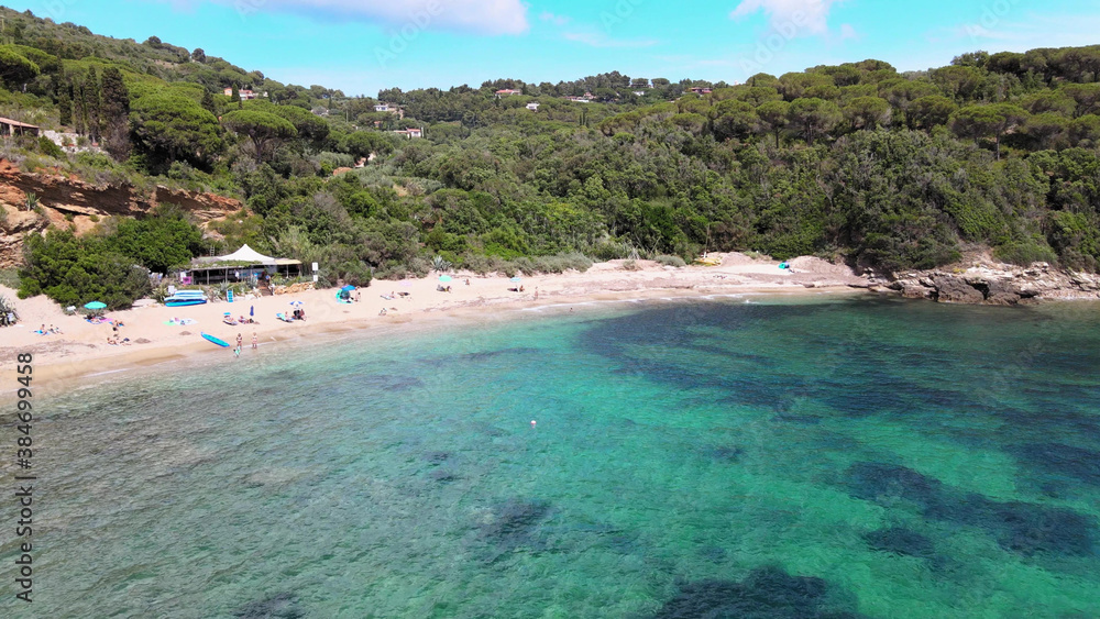 Aerial view of Elba Island. Barabarca Beach and Southern Coastline in summer season. Drone viewpoint. Slow motion.