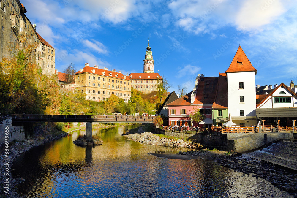 Water reflection of State Castle and Chateau Cesky Krumlov, Czech Republic in the Old Town, afternoon with blue sky and beautiful clouds.