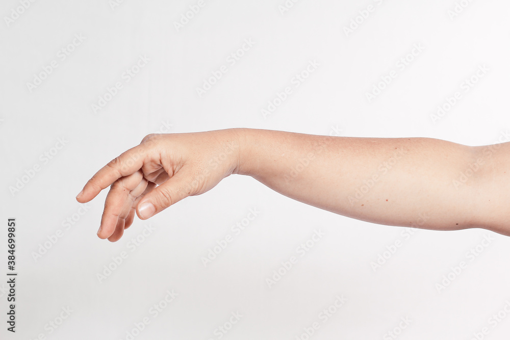 hands dangling down. white background, isolated
