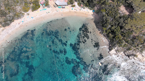 Elba Island Beach in summer season, Italy. Overhead aerial view from drone.