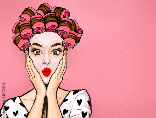 Картината върху платно Surprised woman get beauty treatments in hair roller with wow face holding hands near her cheeks