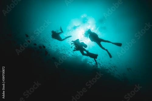 Scuba divers swimming among colorful coral reef and tropical fish in clear blue water, Indian Ocean © Aaron