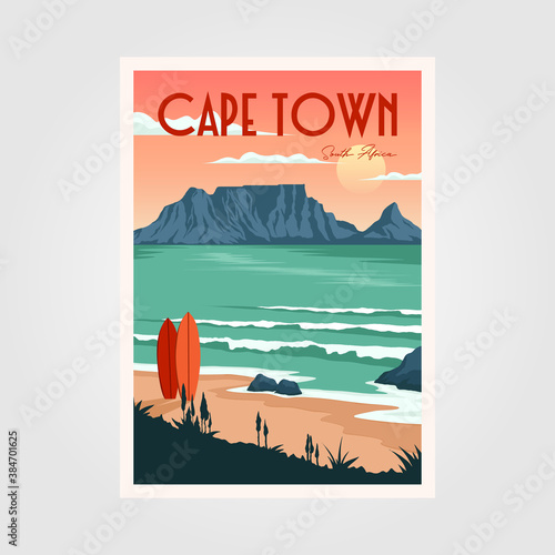 table mountain view in cape town vintage poster illustration design, vintage surf poster design