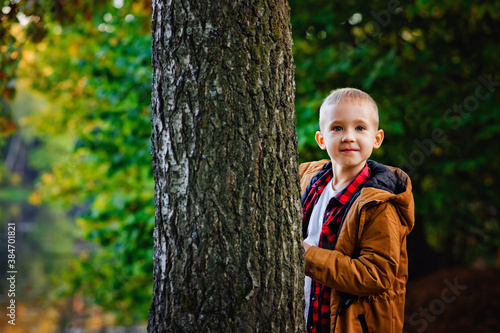 A boy in a brown jacket plays in an autumn Park. Playfully peeking out from behind a tree. Lifestyle.