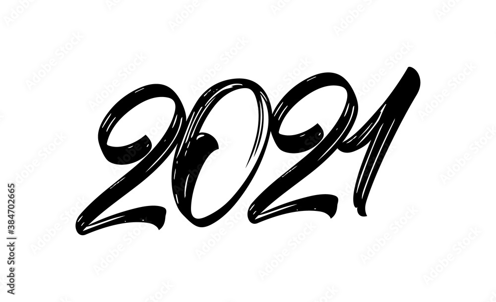 Vector Hand drawn brush ink lettering of 2021. Happy New Year. Chines calligraphy