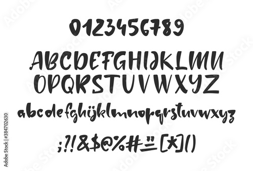 Vector Hand drawn brush Font. English Alphabet letters with Numbers and punctuation.