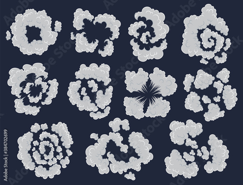 Explosion collection. Cartoon bombs explode effect with smoke effect. Set of comic booms vector illustration. Clipart elements for game, print, advertising, menu or web design