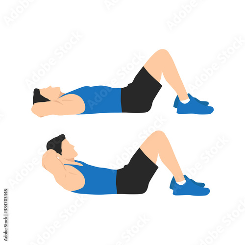 Man doing crunches in the gym. Belly burn workout. Guy make exercise. ABS workout. Healthy and active lifestyle. Isolated vector illustration