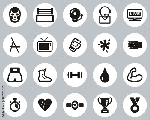 Wrestling Sport & Equipment Icons Black & White Flat Design Circle Set Big