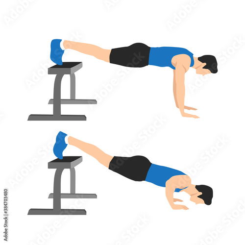 Sport man do the Decline push ups with Feet on bench for exercise. Illustration about Workout at home. Fitness at the gym.