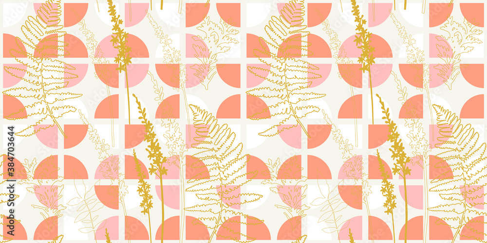 Botanical vector seamless pattern. Hand drawn plants, wildflowers, leaves and herbs on abstract background with simple geometric shapes.