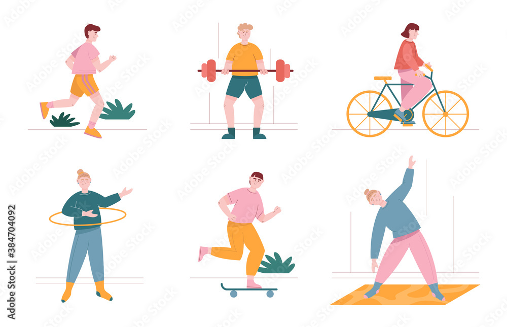 Man and woman characters exercise and doing sport at home and outdoor. Vector illustration set of people workout, doing yoga and running. Stretching, cycling, skating, weightlifting