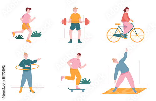 Man and woman characters exercise and doing sport at home and outdoor. Vector illustration set of people workout, doing yoga and running. Stretching, cycling, skating, weightlifting