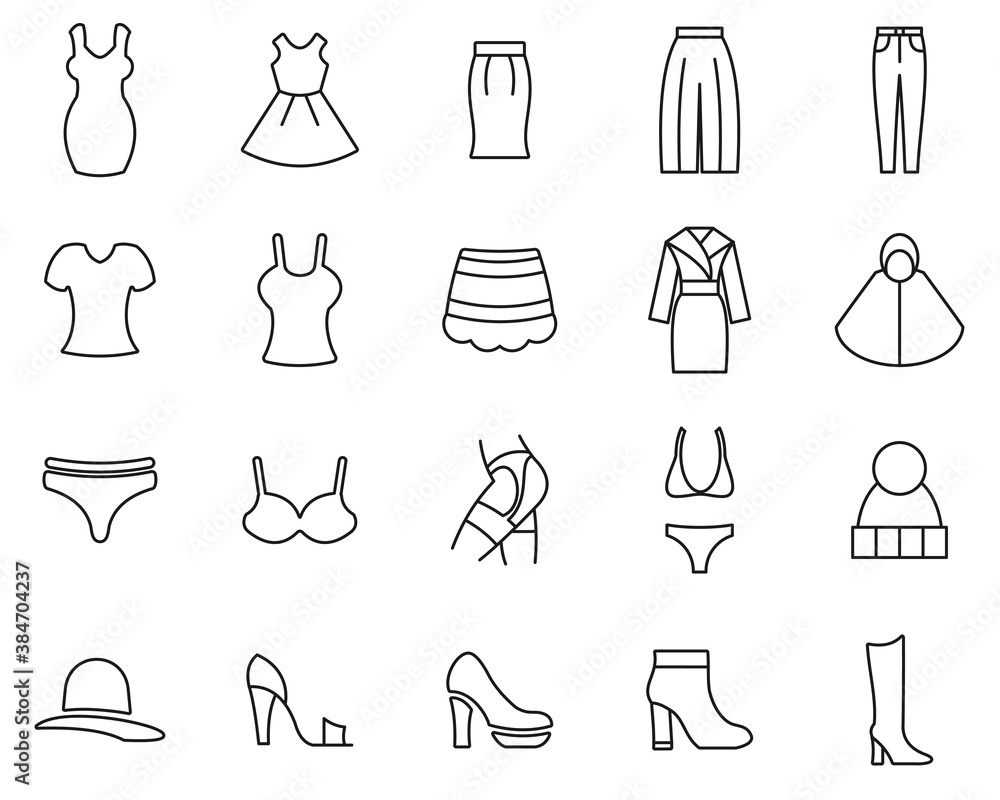 Woman s Clothing Icons Black & White Thin Line Set Big Woman s Clothing Icons Black & White Thin Line Set Big
