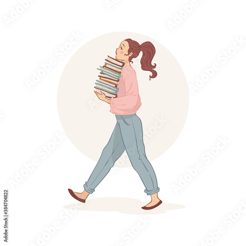 modern young woman holding a stack of book, vector illustration