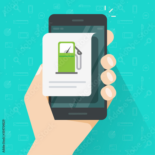 Fuel petrol charging using cellphone app, gas station info message on mobile phone smartphone person hand screen vector flat, electronic digital online concept, internet gasoline network system