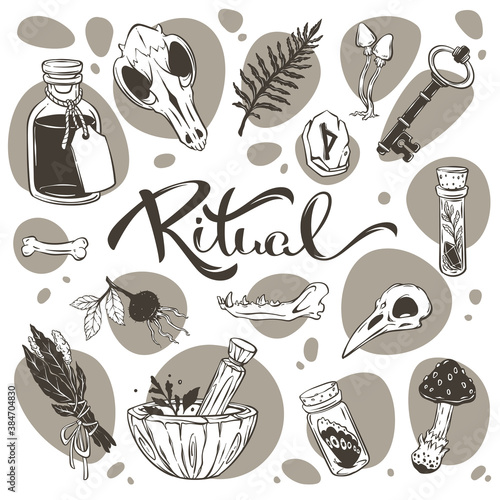 Ritual, Halloween Pagan vector collection of magic objects and ingredients
