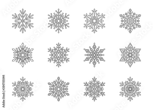 Christmas snowflakes collection isolated on white background. Cute hand drawn snow icons with intricate cut out silhouette. Nice line doodle decorative element for New year banner, cards or ornament