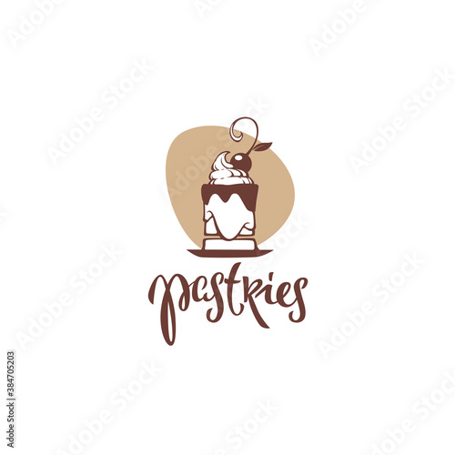 pastries. bakery logo emblem, with lettering composition and image of fancy cake