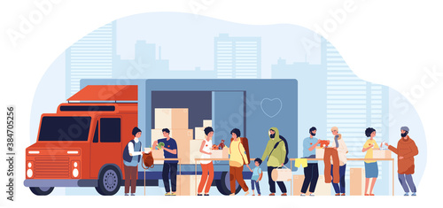 Humanitarian aid. People give rescue refugee homeless, support poor family. Charity in financial, volunteer community vector concept. Humanitarian and rescue, donation and volunteering illustration