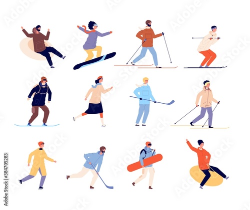 Winter sports characters. Active skate, skier and snowboard people. Isolated young girl boy holiday or vacation on snow vector illustration. Winter character snowboarder, skiing and skater