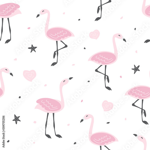 Childish seamless pattern with cute flamingo . Creative texture for fabric and textile