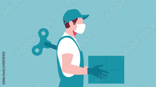 Courier, delivery man like mechanical doll -  young man with mechanic doll key in back. Concept of hard work, tired, Burnout, stress. 