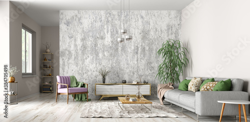 Fototapeta Naklejka Na Ścianę i Meble -  Interior design of modern scandinavian apartment, living room 3d rendering