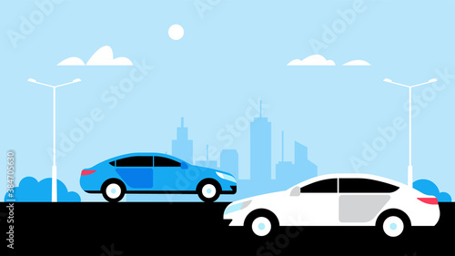 Cars drive through the city. Urban industrial landscape. Vehicles on the road. Vector landscape in a modern flat style.