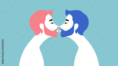 The kiss. Two gay guys are kissing. 
 Valentine's Day. Homosexual couple and pink hearts. The concept of free love, relationships, love and romance. Silhouette of lovers.