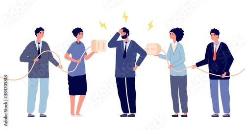 People disconnect plug. Connect error, cable offline maintenance. Problems business or fail partnership. Unplug device vector illustration. Connection unplugged energy, power disconnect cable