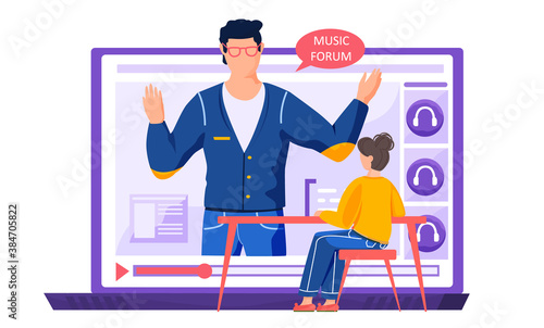 Woman watching music blogger man broadcasting online popular songs, talks about the music forum, creating inspiring, entertaining musical content for journal or diary, blogging as hobby, job