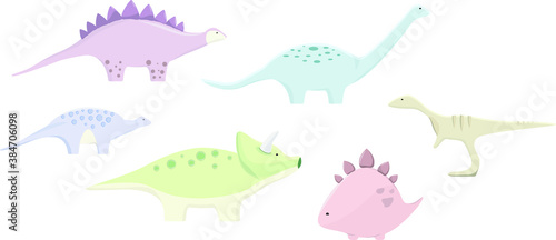 Set of cute multicolored dinosaurs. Soft colors. Vector