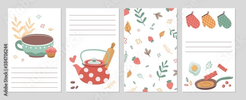 Culinary cards. Kitchen recipe notebook pages, notes paper template. Tools cutlery and food, tea. Cafe restaurant or home grocery store check lists vector illustration. Recipe cooking and culinary