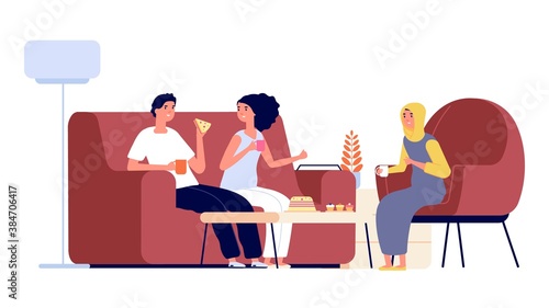 International friendship. Muslim woman and european couple drink tea together. Happy multicultural people, different nationality are friends vector illustration. International people cartoon