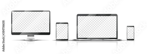 Realistic devices mockup. Smartphone, monitor laptop and tablet with transparent screen. Isolated mobile vector illustration. Smartphone and laptop, tablet and phone touchscreen