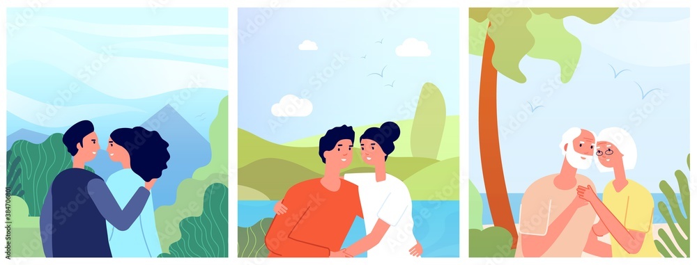 People in love posters. Loving person, romantic young and old woman hugging fun man. Dream 14 february valentines day vector story template. Love people romance, banner girl and boyfriend illustration - obrazy, fototapety, plakaty 