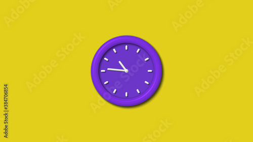 Amazing purple color 3d wall clock isolated on yellow background, 12 hours wall clock