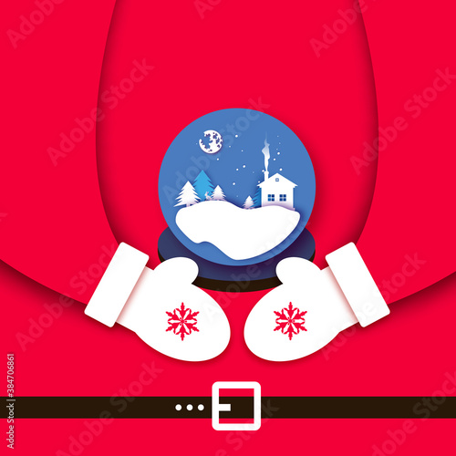 Merry Christmas Greetings Card with Santa Claus hands holding glass bowl with beautiful landscape. Happy New Year in papercraft style. Red. Winter holidays.