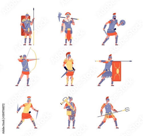Roman army. Ancient rome, war battle legion warrior. Isolated cartoon antique people in helmet costumes, flat empire army vector characters. Roman army, spartan character with weapon illustration