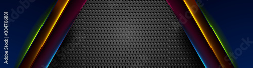 Futuristic technology background with colorful neon glowing lines. Vector banner perforated design