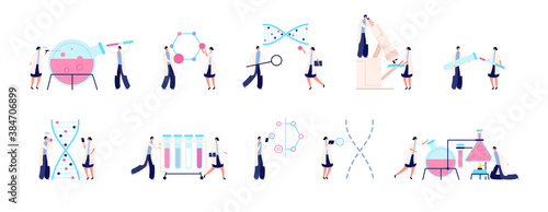 Biochemical laboratory. Colorful scientist, genetic dna research. Bacteria biological chemical medicine lab test vector set. Illustration research laboratory, science and biochemical testing