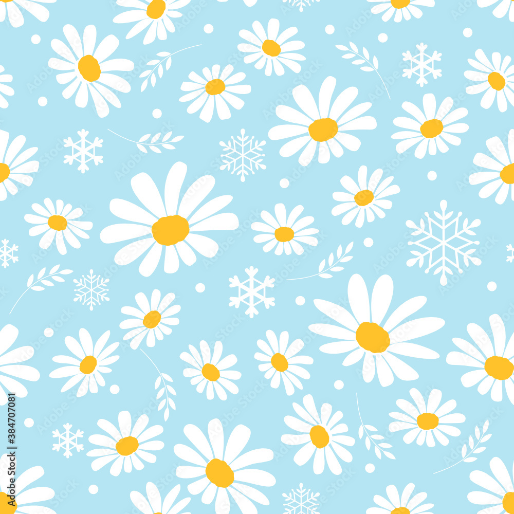 Seamless pattern with daisy flower and snowflakes on blue background vector.