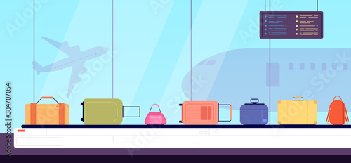 Luggage on belt. Flat color suitcases, airport conveyor and vacation baggage. Cartoon bag checking in arrival terminal vector illustration. Suitcase in airport conveyor, belt for luggage