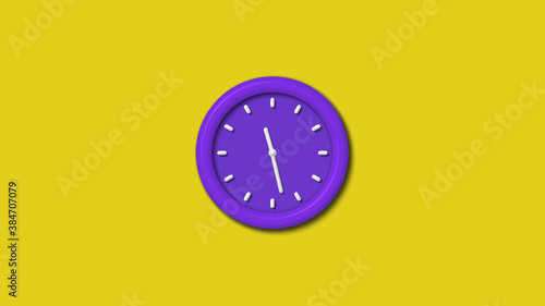 Amazing purple color 3d wall clock isolated on yellow background, 12 hours wall clock