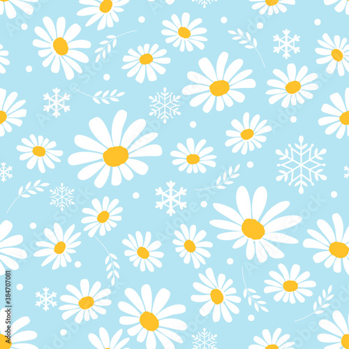 Seamless pattern with daisy flower and snowflakes on blue background vector. © Thanawat