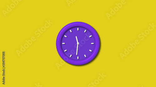 Amazing purple color 3d wall clock isolated on yellow background, 12 hours wall clock